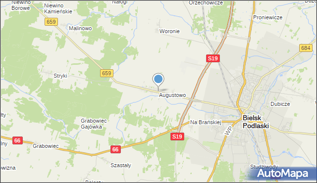mapa Augustowo, Augustowo gmina Bielsk Podlaski na mapie Targeo